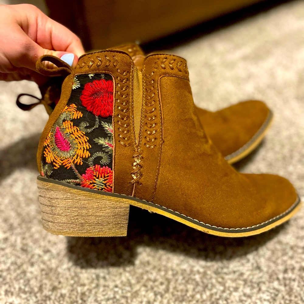Faux suede booties with flower detail